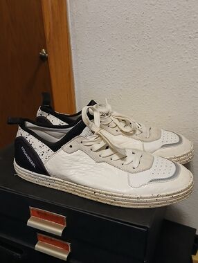 Hogan Rebel Men’s White Leather Low-Top Sneakers - Paint Splatter Detail-Size 10